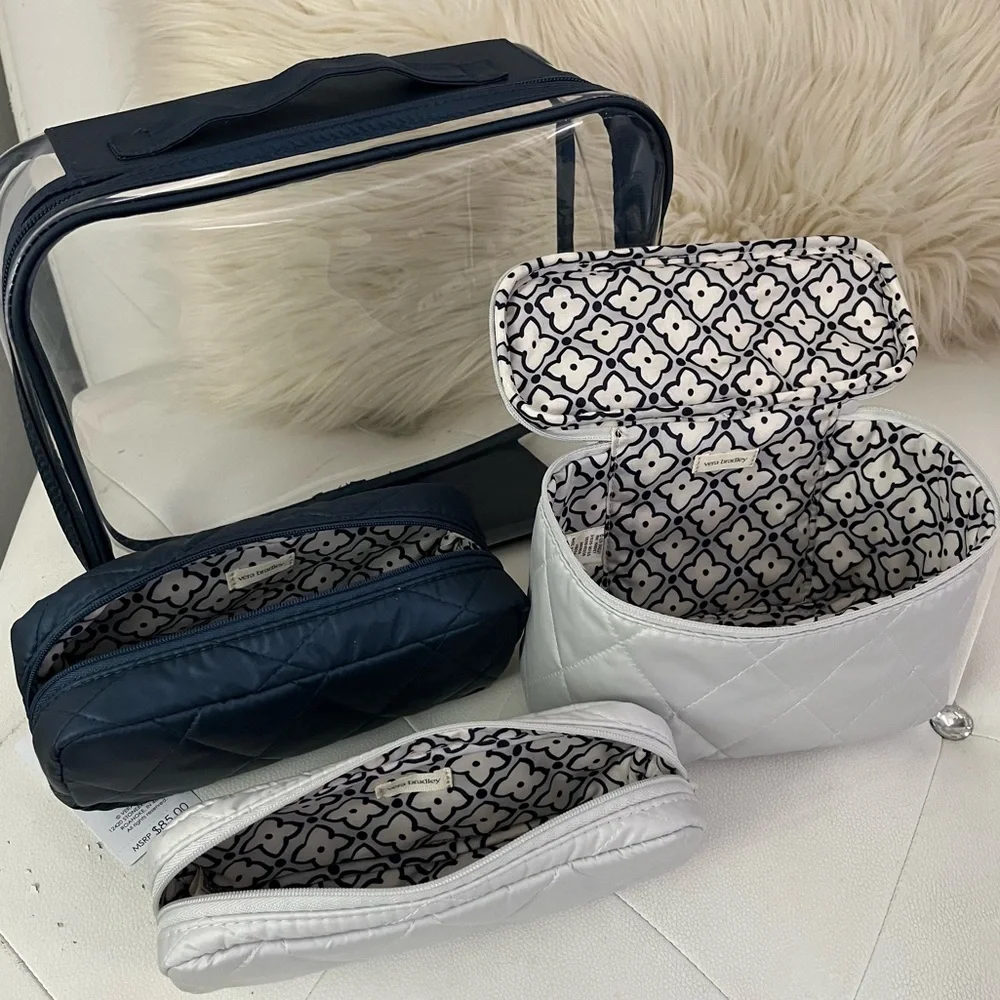 NWT Vera Bradley 4-Piece Quilted Cosmetics Makeup Travel Bag Set Navy Blue Gray